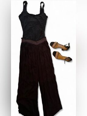 west loop Black Wide-Leg pants with Embroidered Waistband